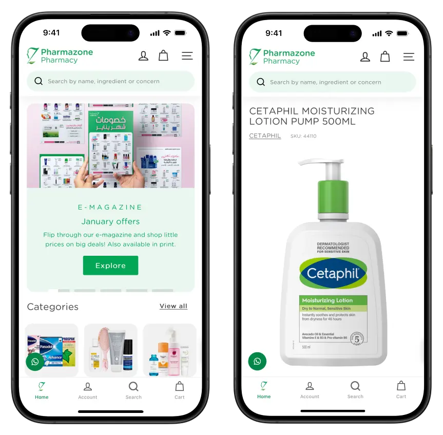 Pharmazone Pharmacy app home screen and product page on two iPhones