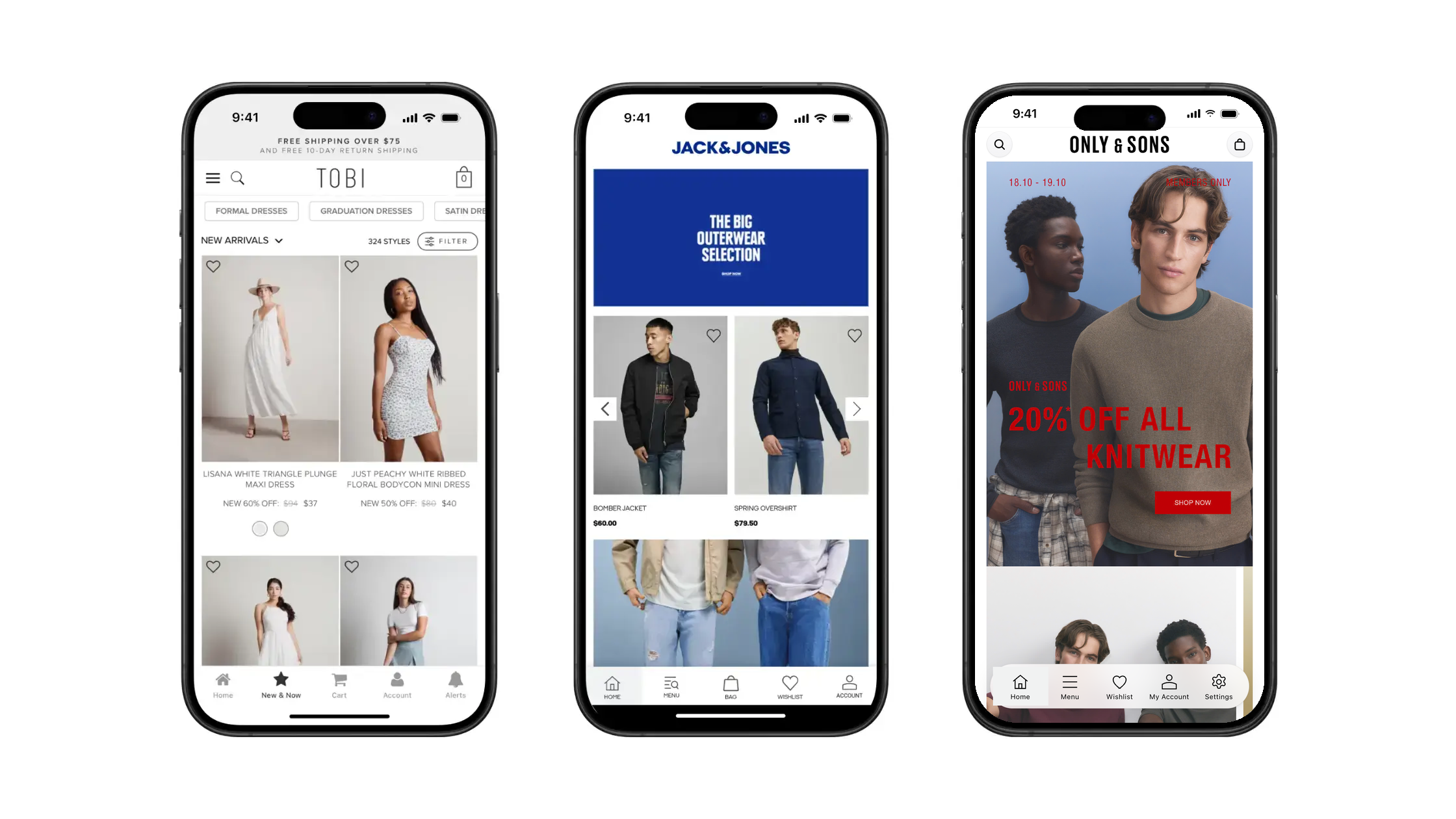 Mockup of the Tobi, Jack & Jones and Only & Sons apps on three iPhones