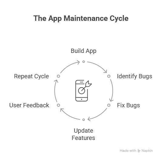 Cycle diagram of app maintenance: build app, identify bugs, fix bugs, update features, user feedback