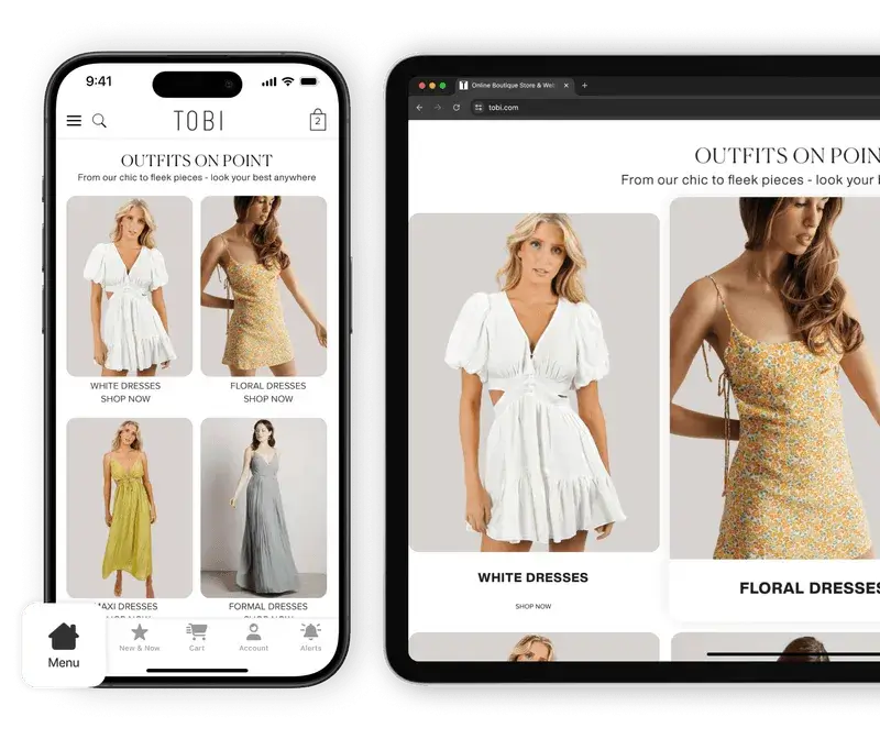 Tobi app on a phone next to the Tobi website on a laptop, both showing an outfits page