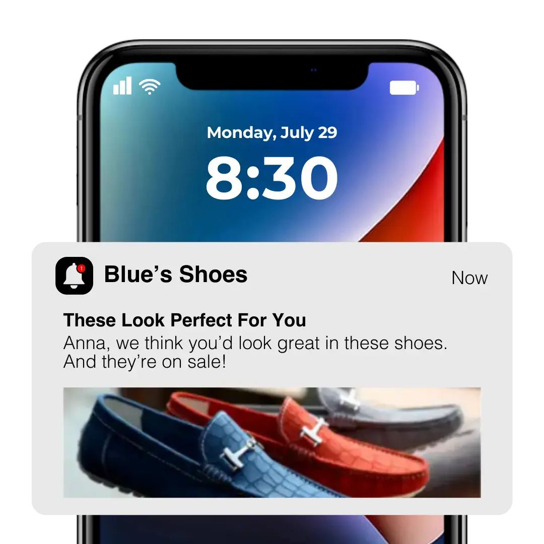 Push notification from Blue's Shoes recommending shoes on sale to a named customer