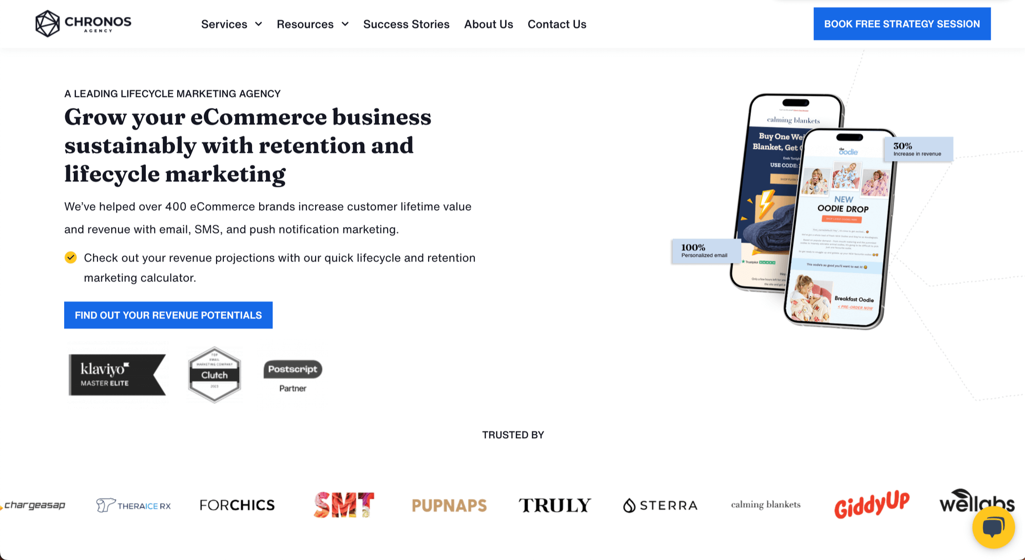 Screenshot of the Chronos Agency homepage about retention and lifecycle marketing for eCommerce