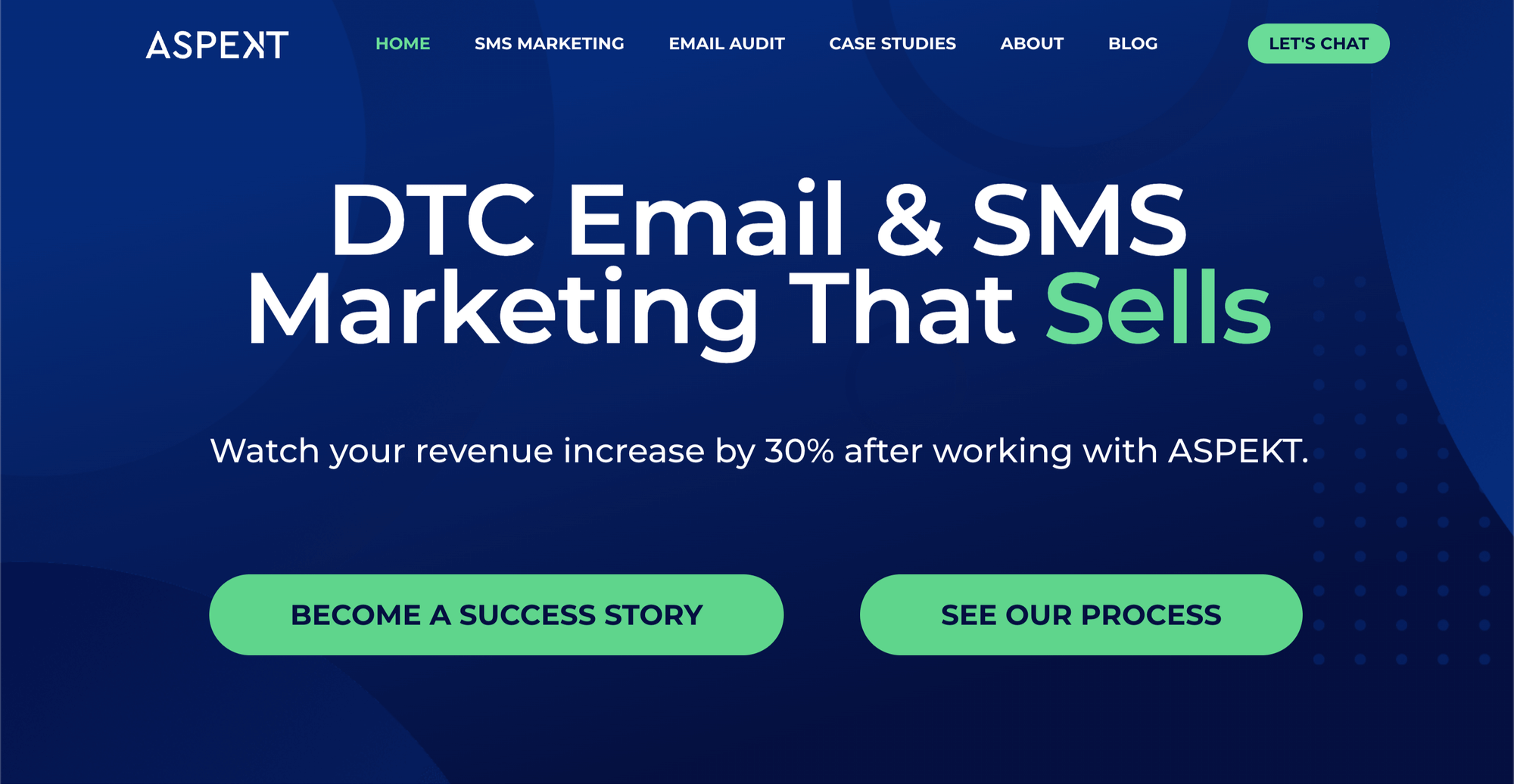 Screenshot of the Aspekt homepage: DTC email and SMS marketing that sells