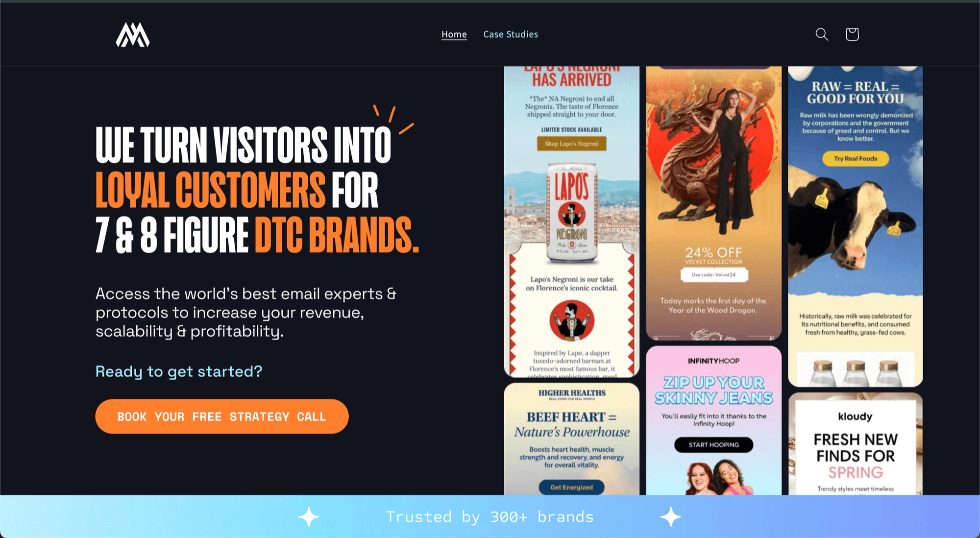 Screenshot of the Arcady Media homepage: turning visitors into loyal customers for DTC brands