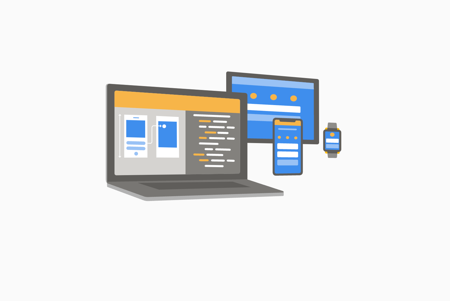 Illustration of a laptop, monitor, phone and smartwatch showing app designs and code