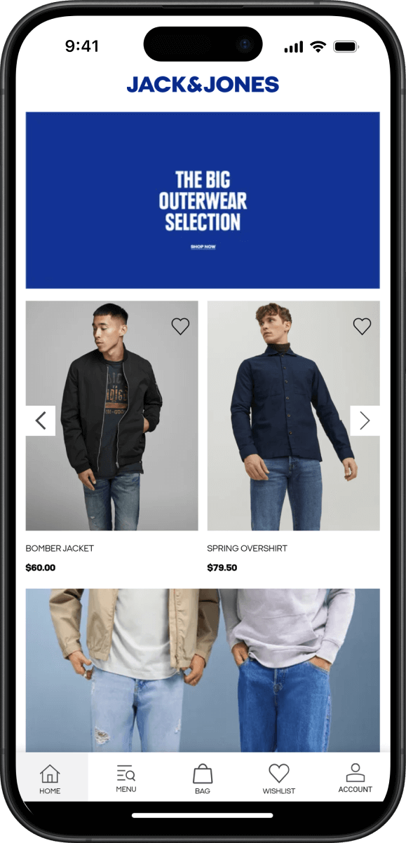 Jack & Jones app home screen on an iPhone showing outerwear and product listings