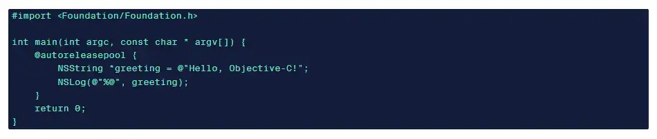 Objective-C code example that logs a Hello, Objective-C! greeting