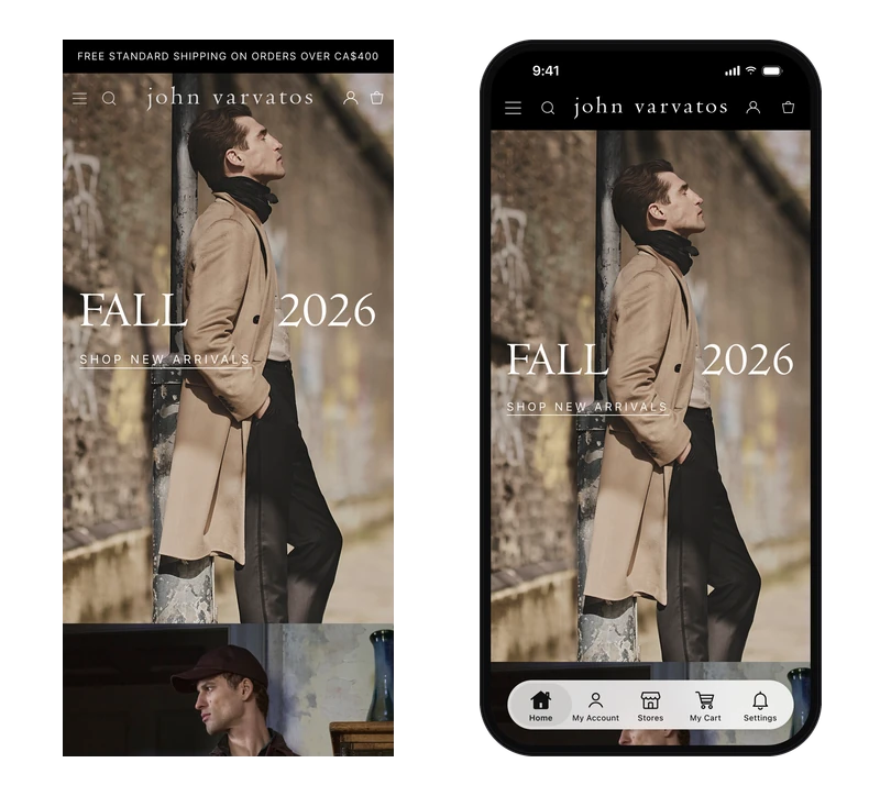 John Varvatos website in an iPhone browser next to the same site as a mobile app