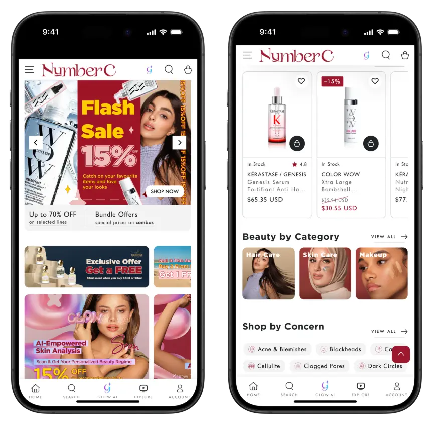NumberC beauty app home screen and product list on two iPhones