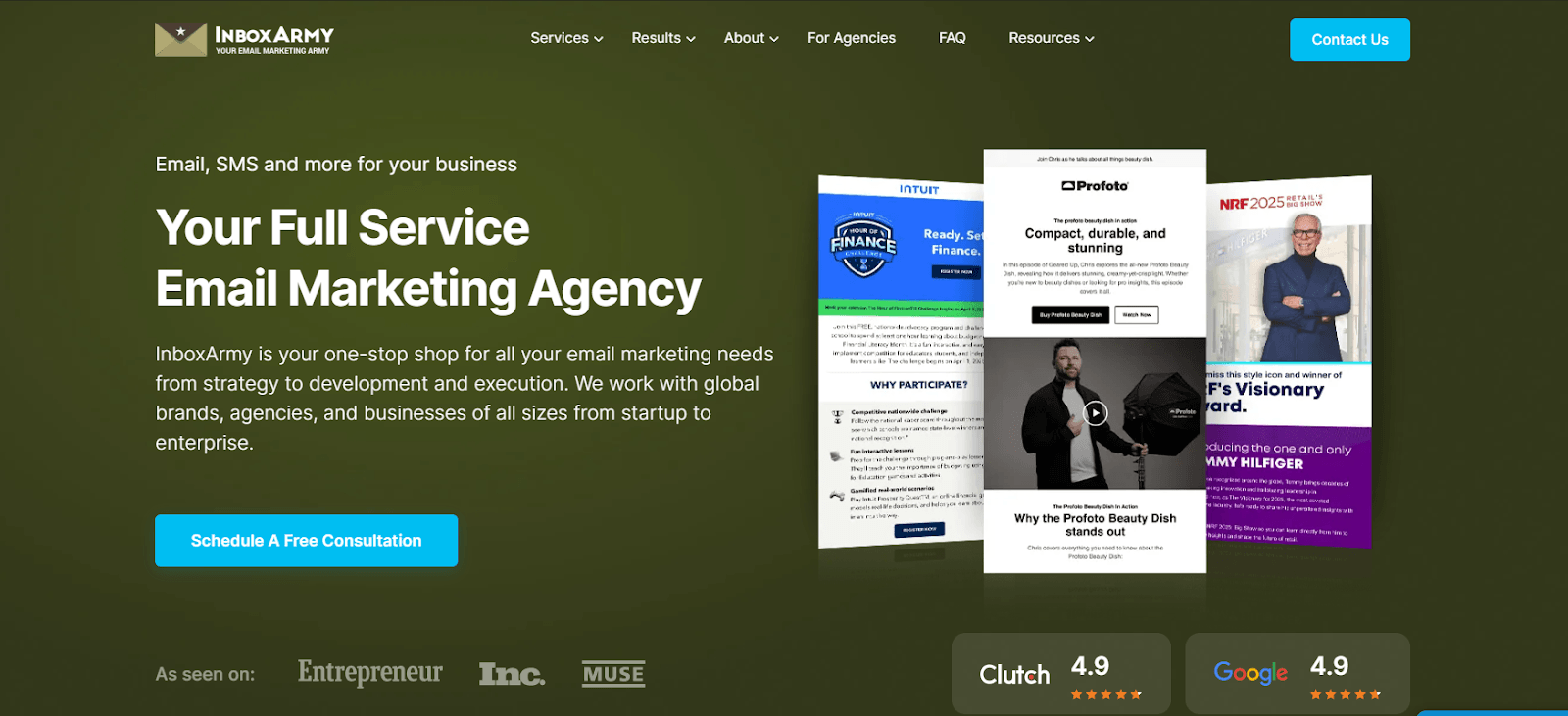 Screenshot of the InboxArmy homepage: your full service email marketing agency