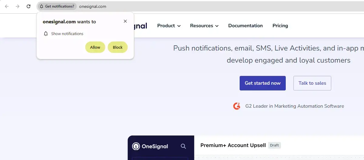 Browser prompt on onesignal.com asking to show notifications, with Allow and Block buttons