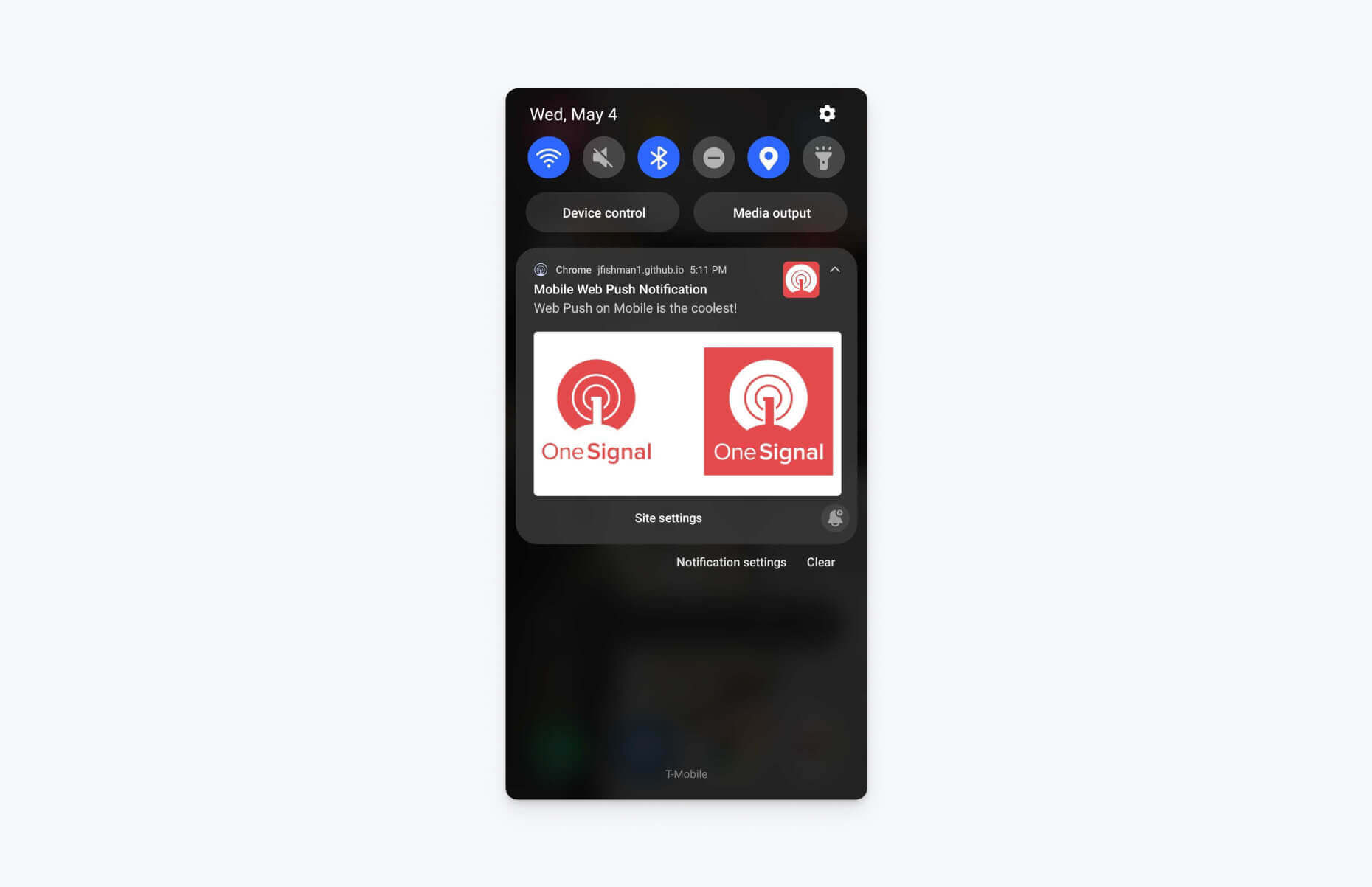 Android notification panel showing a OneSignal web push notification from Chrome