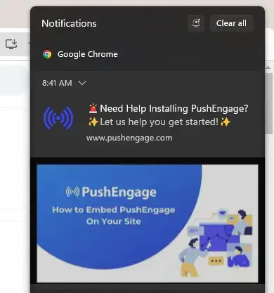 Screenshot of a PushEngage website push notification from Google Chrome in Windows notifications