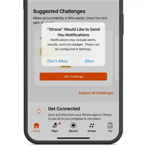 Strava iPhone prompt asking permission to send notifications, with Don't Allow and Allow buttons