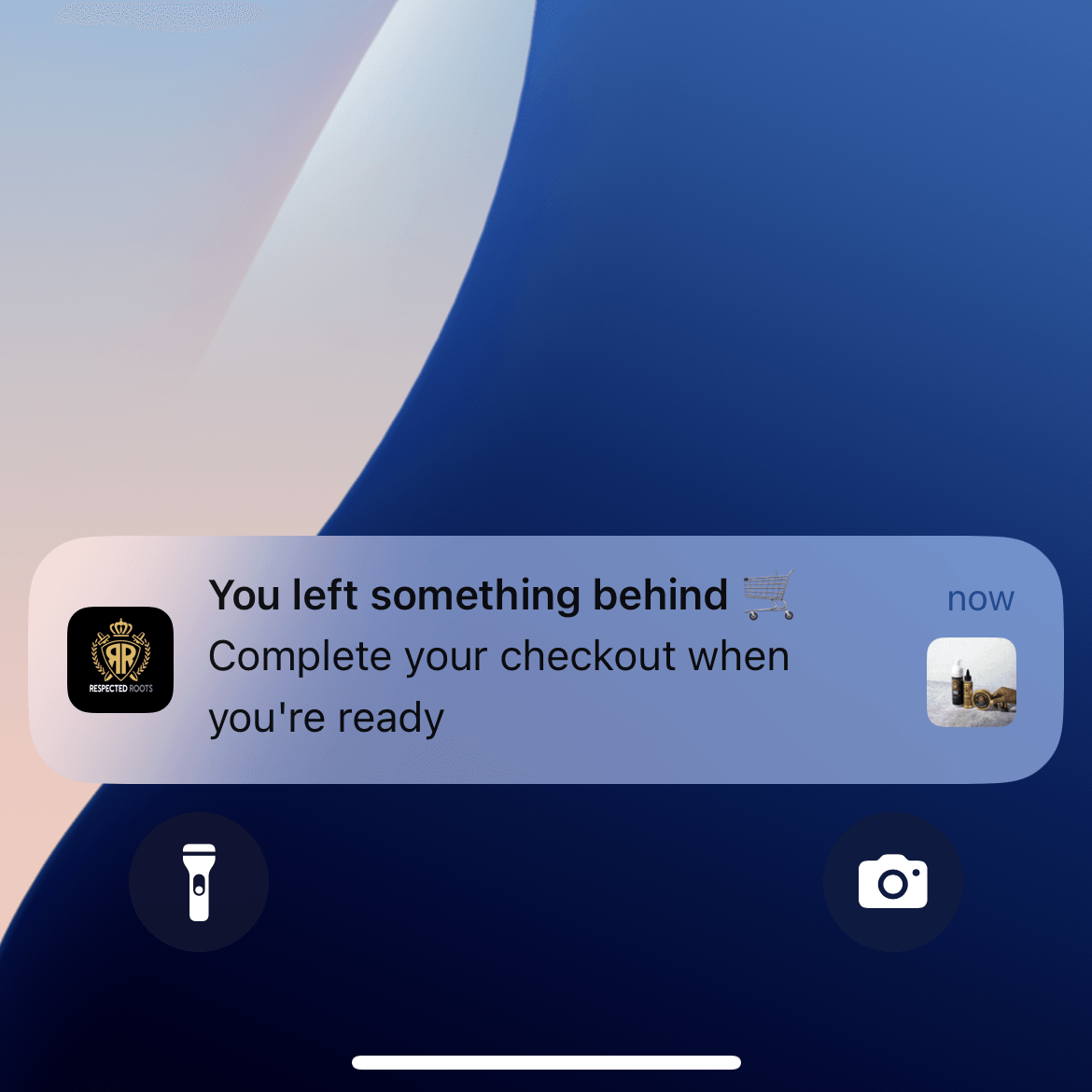 Abandoned cart push notification from Respected Roots on a phone lock screen
