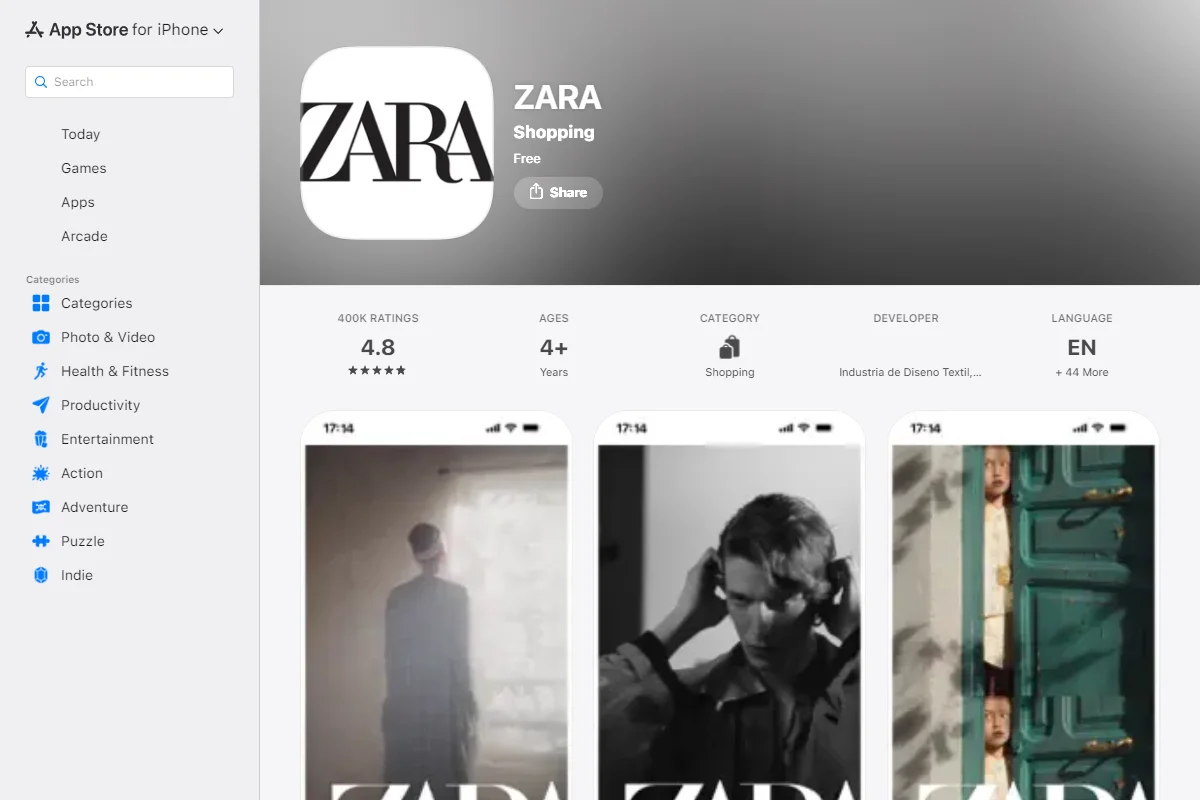App Store listing for the Zara app