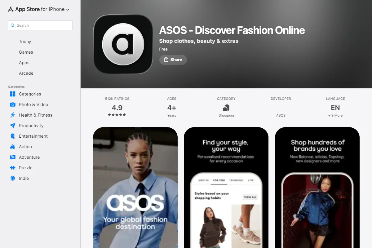 App Store listing for the ASOS app