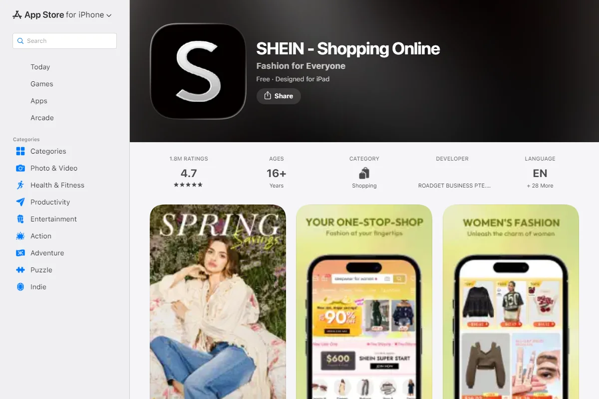 App Store listing for the SHEIN app