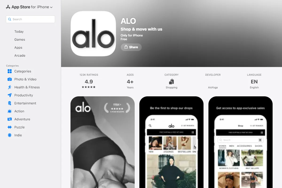 App Store listing for the Alo Yoga app
