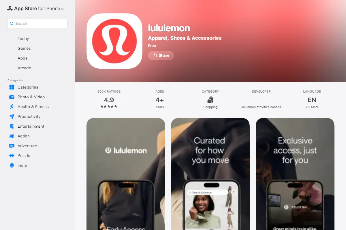 App Store listing for the lululemon app