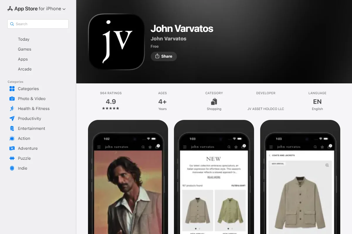 App Store listing for the John Varvatos app
