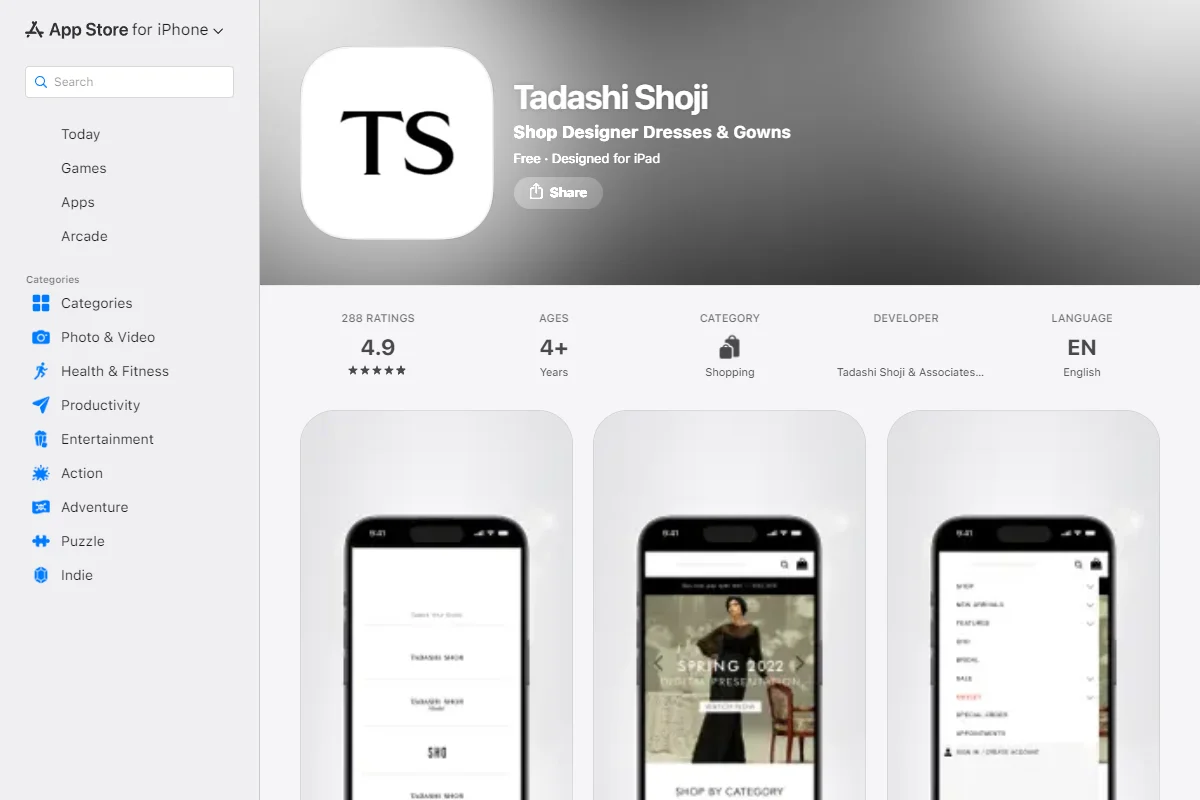 App Store listing for the Tadashi Shoji app