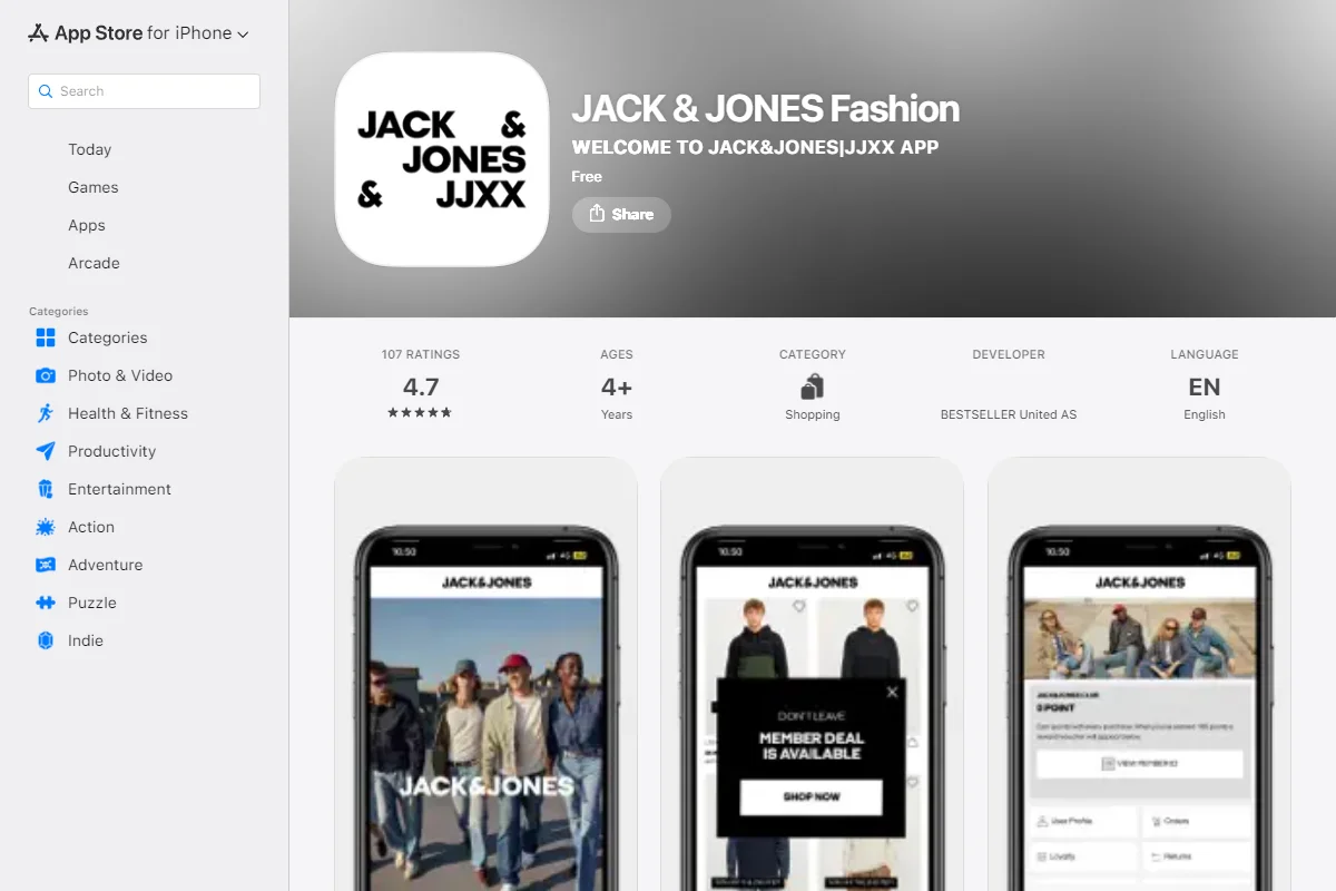 App Store listing for the Jack & Jones app