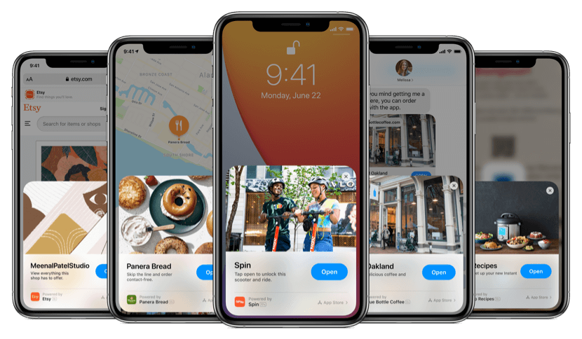 Five iPhones showing App Clip cards for Etsy, Panera Bread, Spin, Blue Bottle Coffee and Recipes