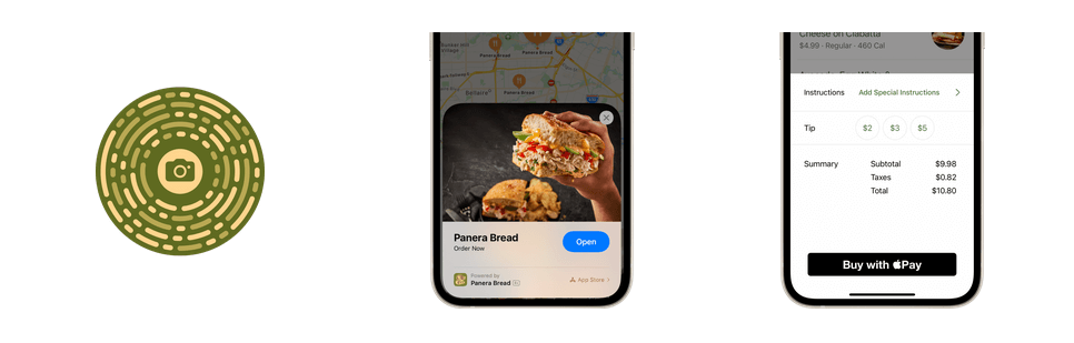 Panera Bread App Clip: a circular App Clip Code, an Apple Maps order card and an Apple Pay checkout screen