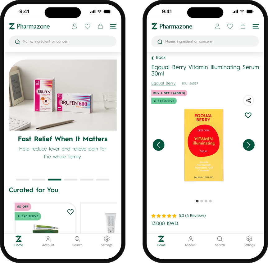 Two screens of the Pharmazone Pharmacy app: the home screen and a Cetaphil lotion product page