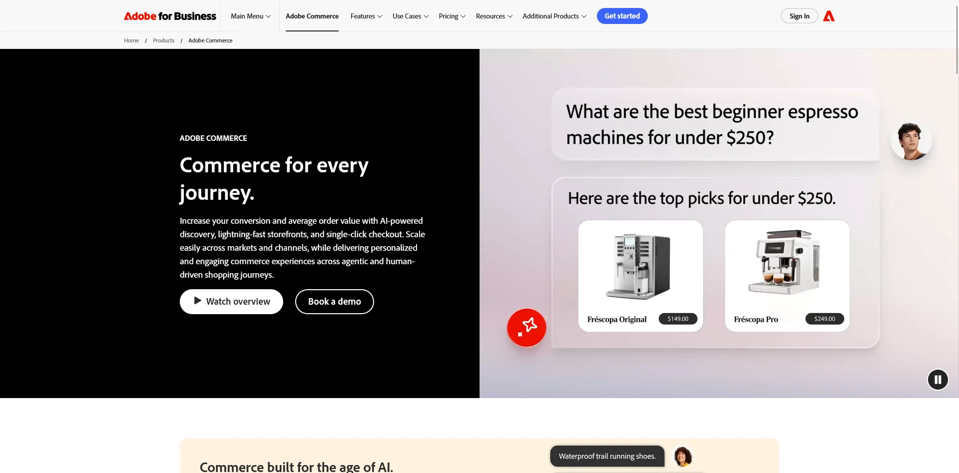Screenshot of the Adobe Commerce website homepage