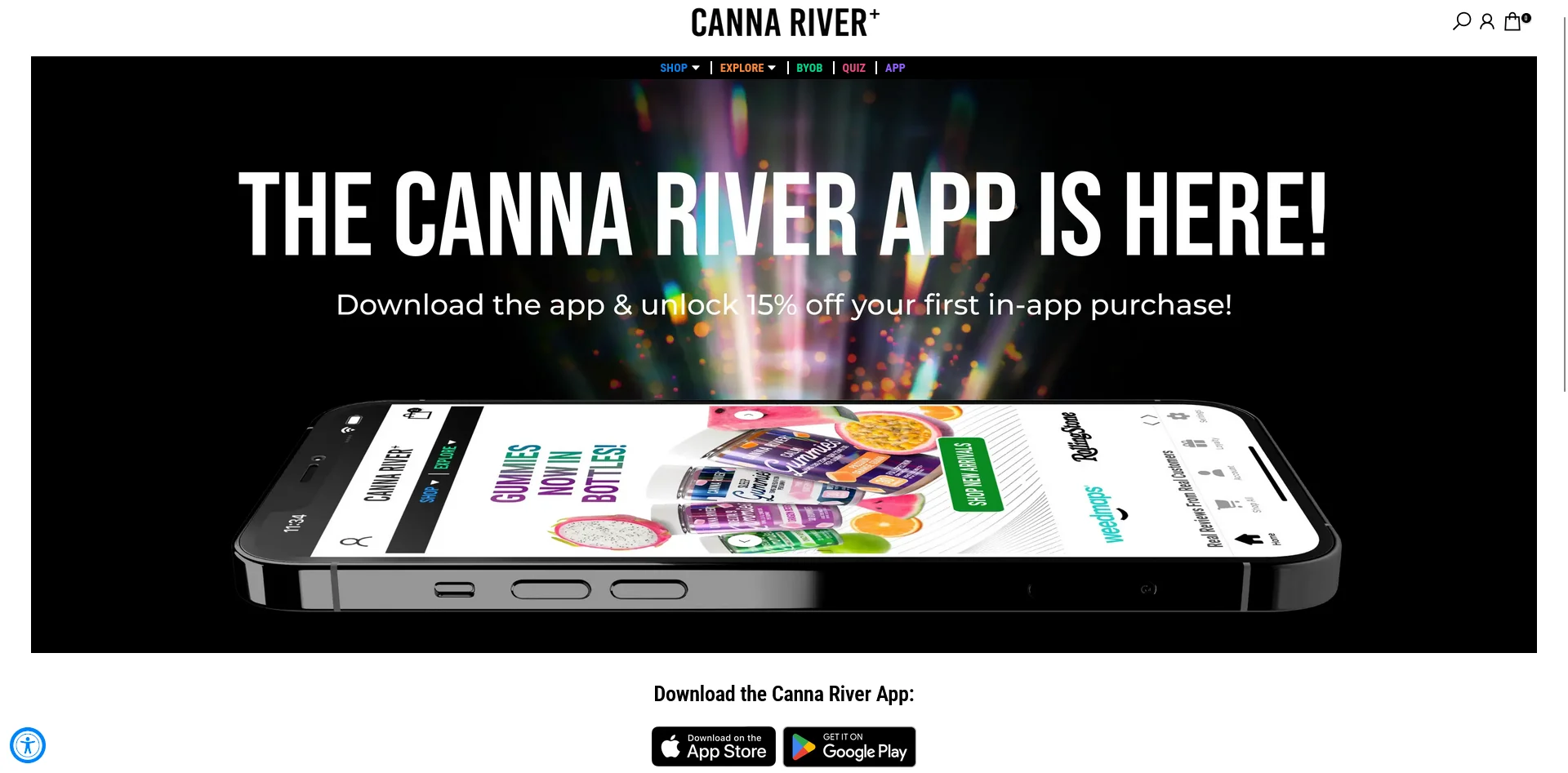 Canna River website banner announcing its app, with 15% off the first in-app purchase