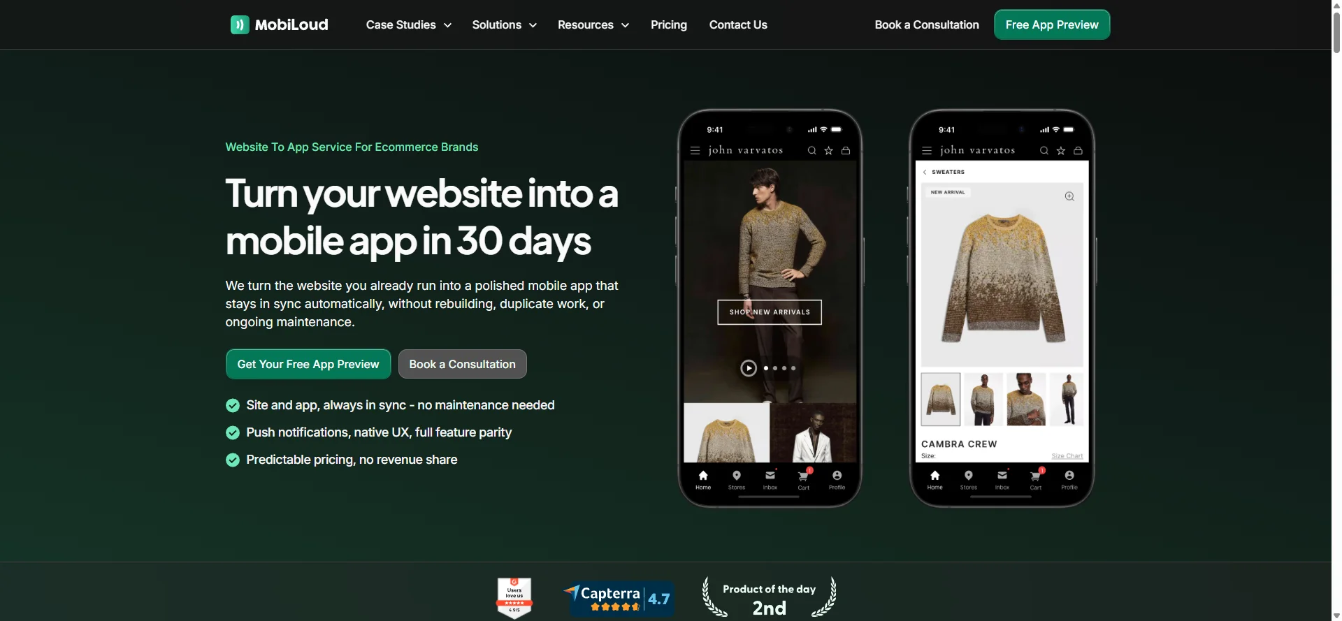 Screenshot of the MobiLoud website: turn your website into a mobile app in 30 days