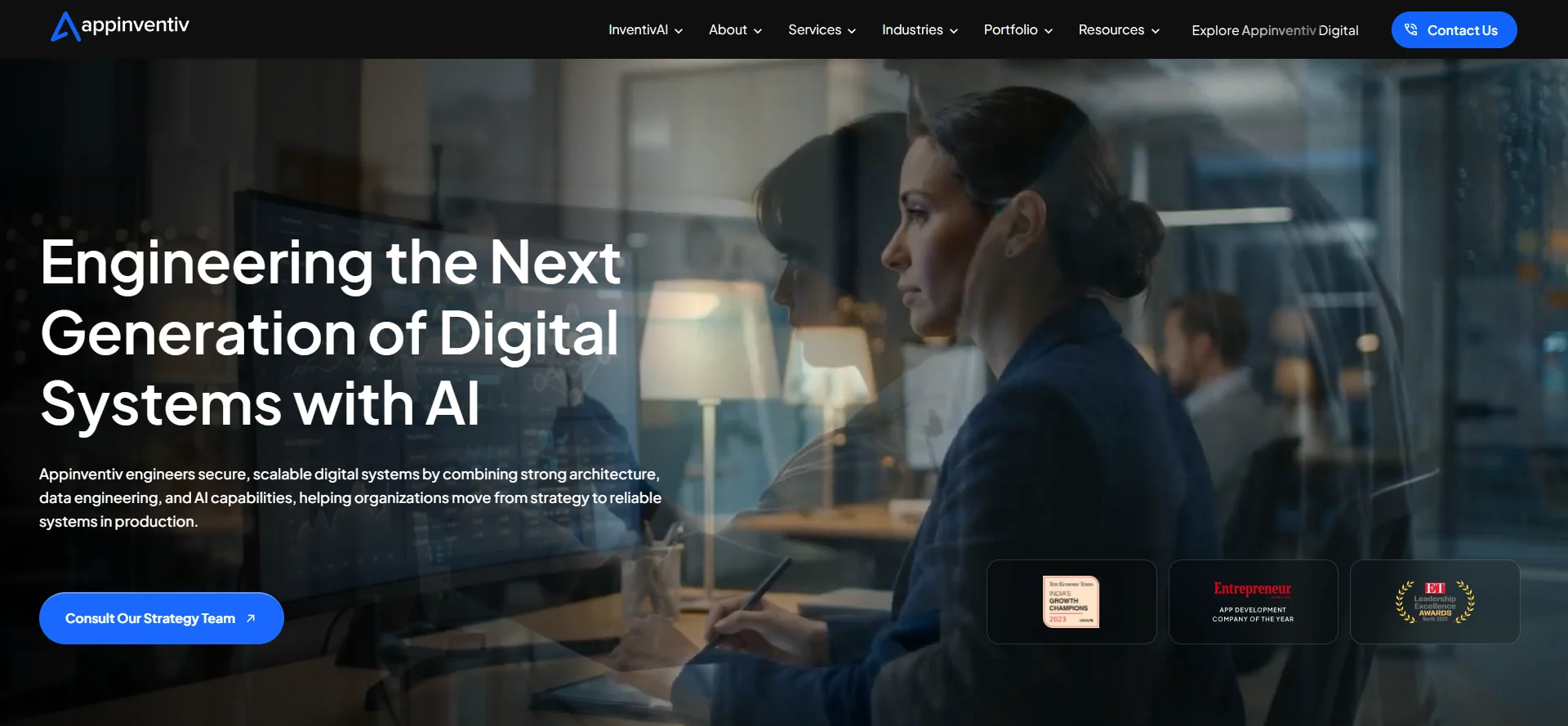 Screenshot of the Appinventiv website: engineering the next generation of digital systems with AI