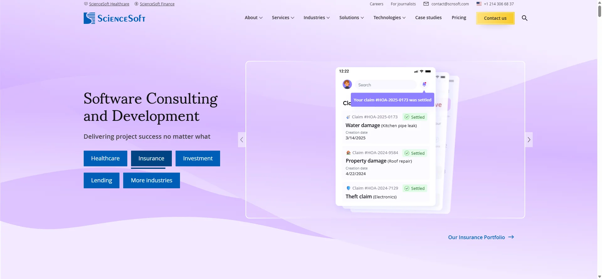 Screenshot of the ScienceSoft website: software consulting and development