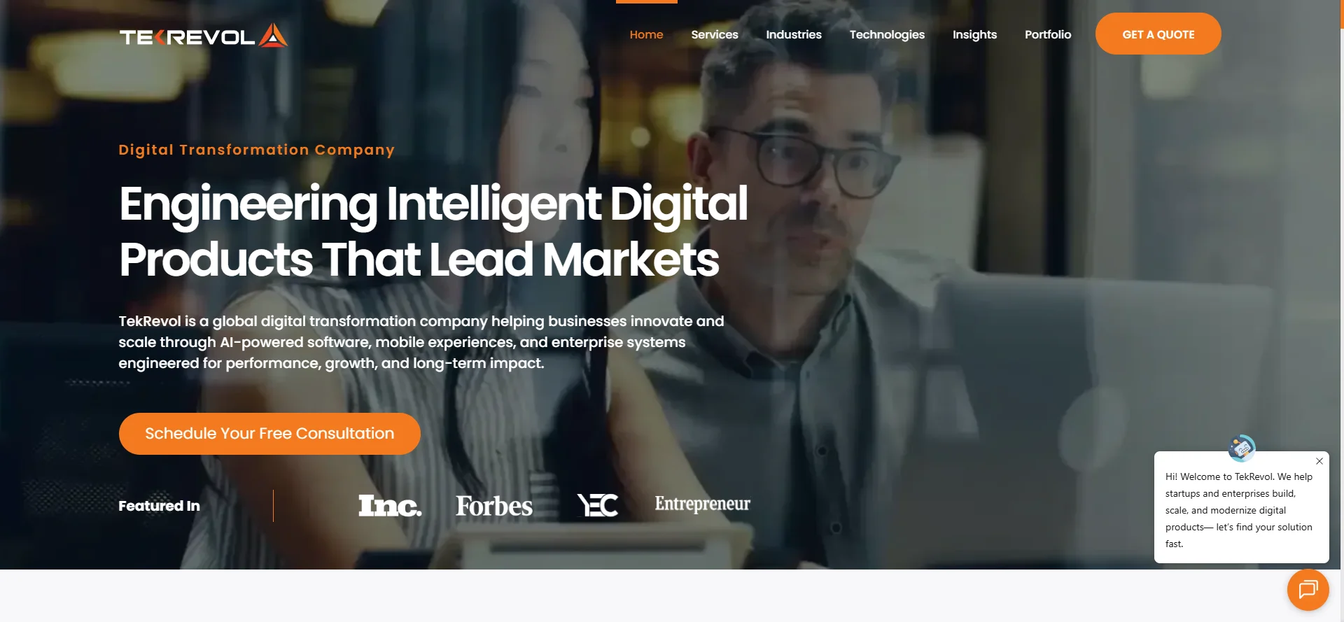 Screenshot of the TekRevol website: engineering intelligent digital products
