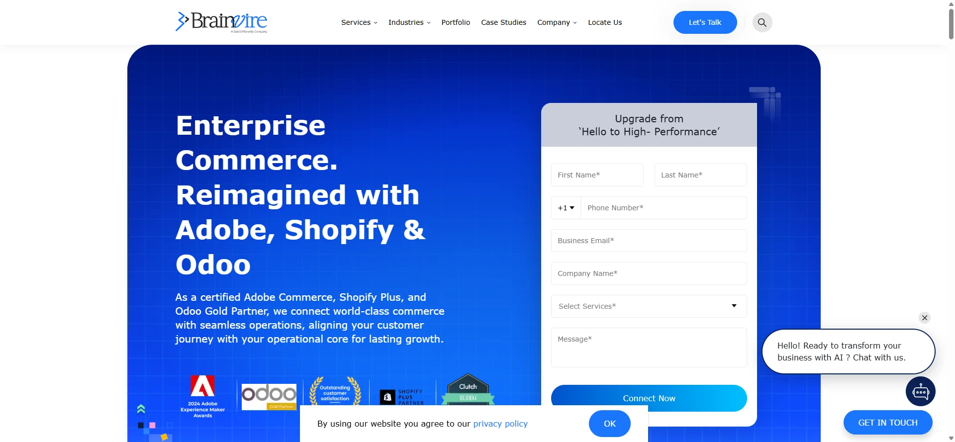 Screenshot of the Brainvire website: enterprise commerce with Adobe, Shopify and Odoo