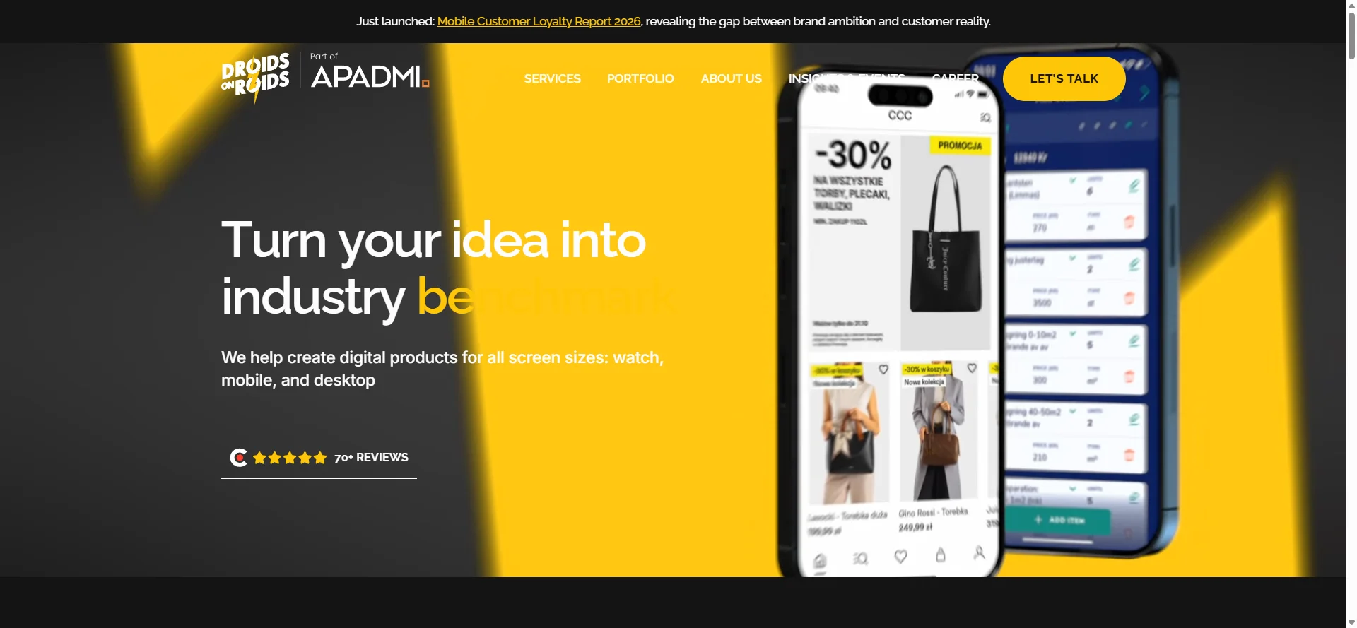 Screenshot of the Droids on Roids website, with phone mockups of a shopping app