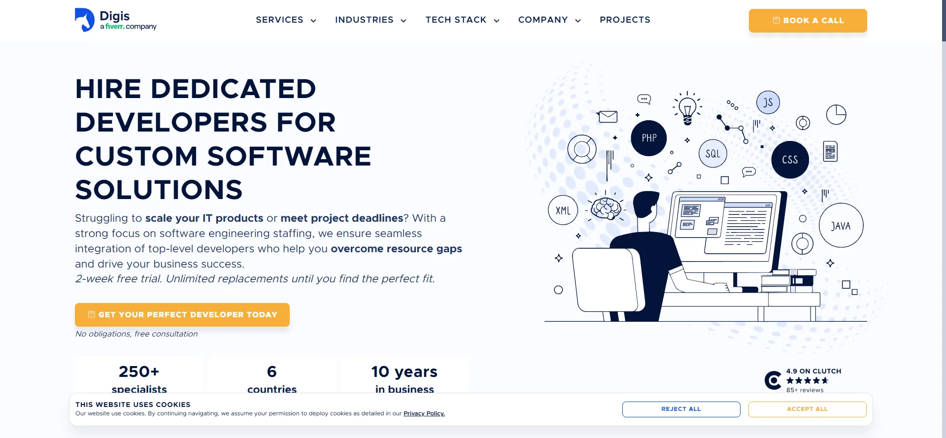 Screenshot of the Digis website: hire dedicated developers for custom software solutions