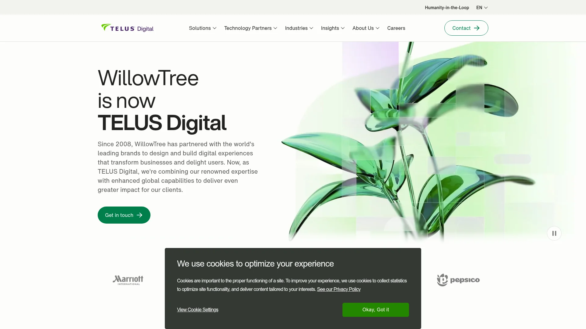 Screenshot of the TELUS Digital homepage: WillowTree is now TELUS Digital