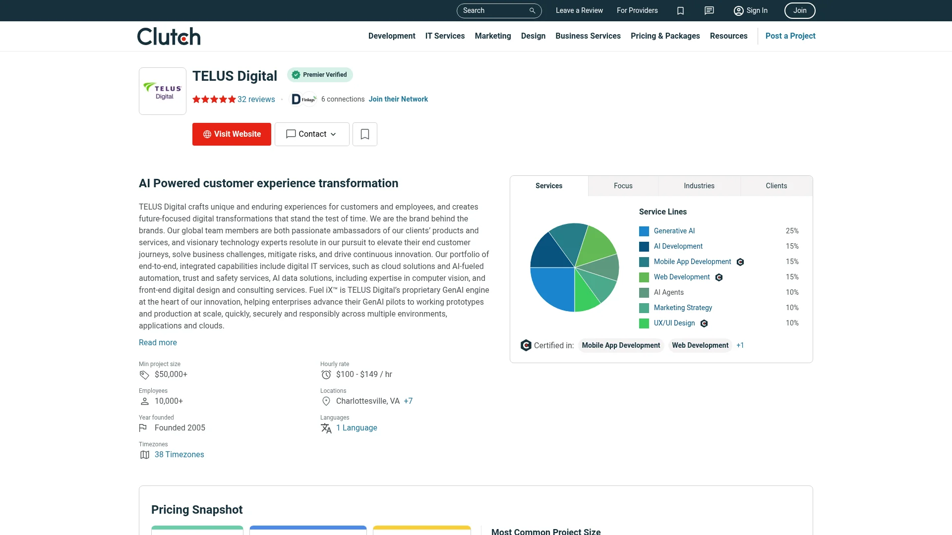 Screenshot of the TELUS Digital profile on Clutch with a service lines chart