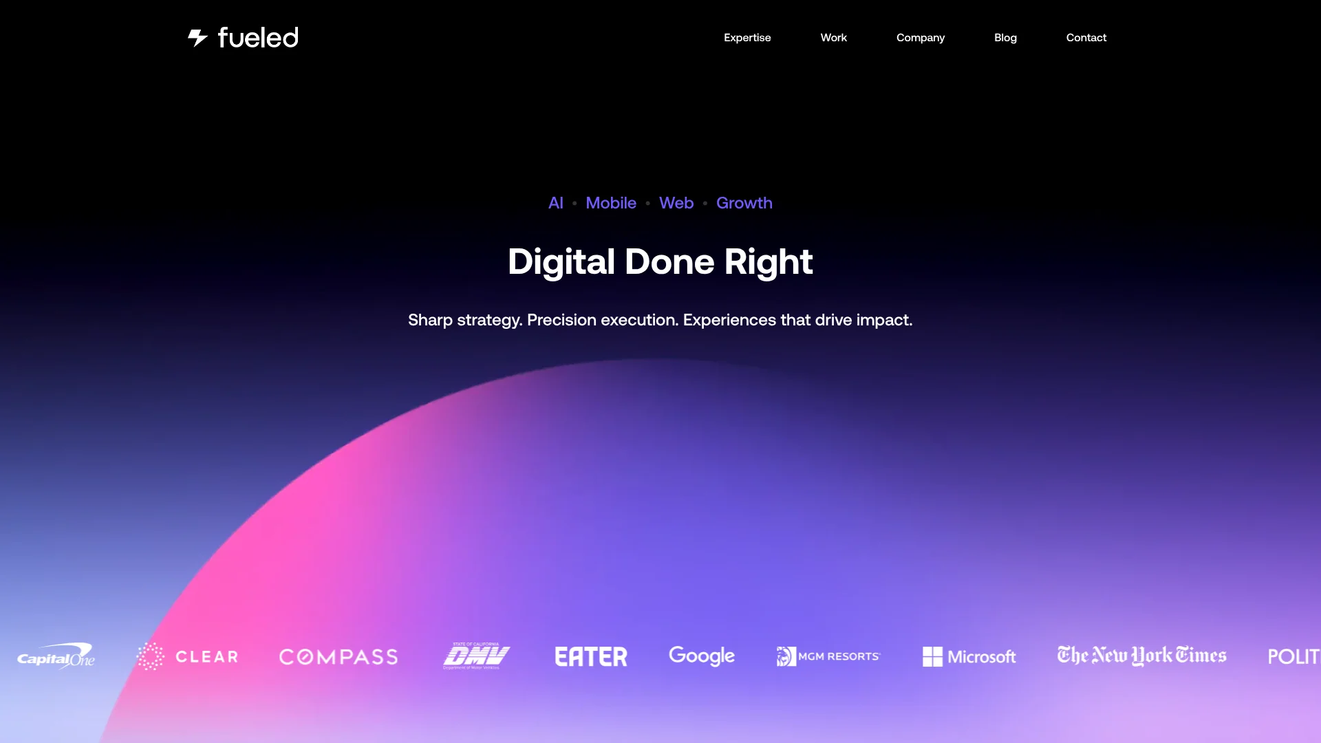 Screenshot of the Fueled homepage: Digital Done Right