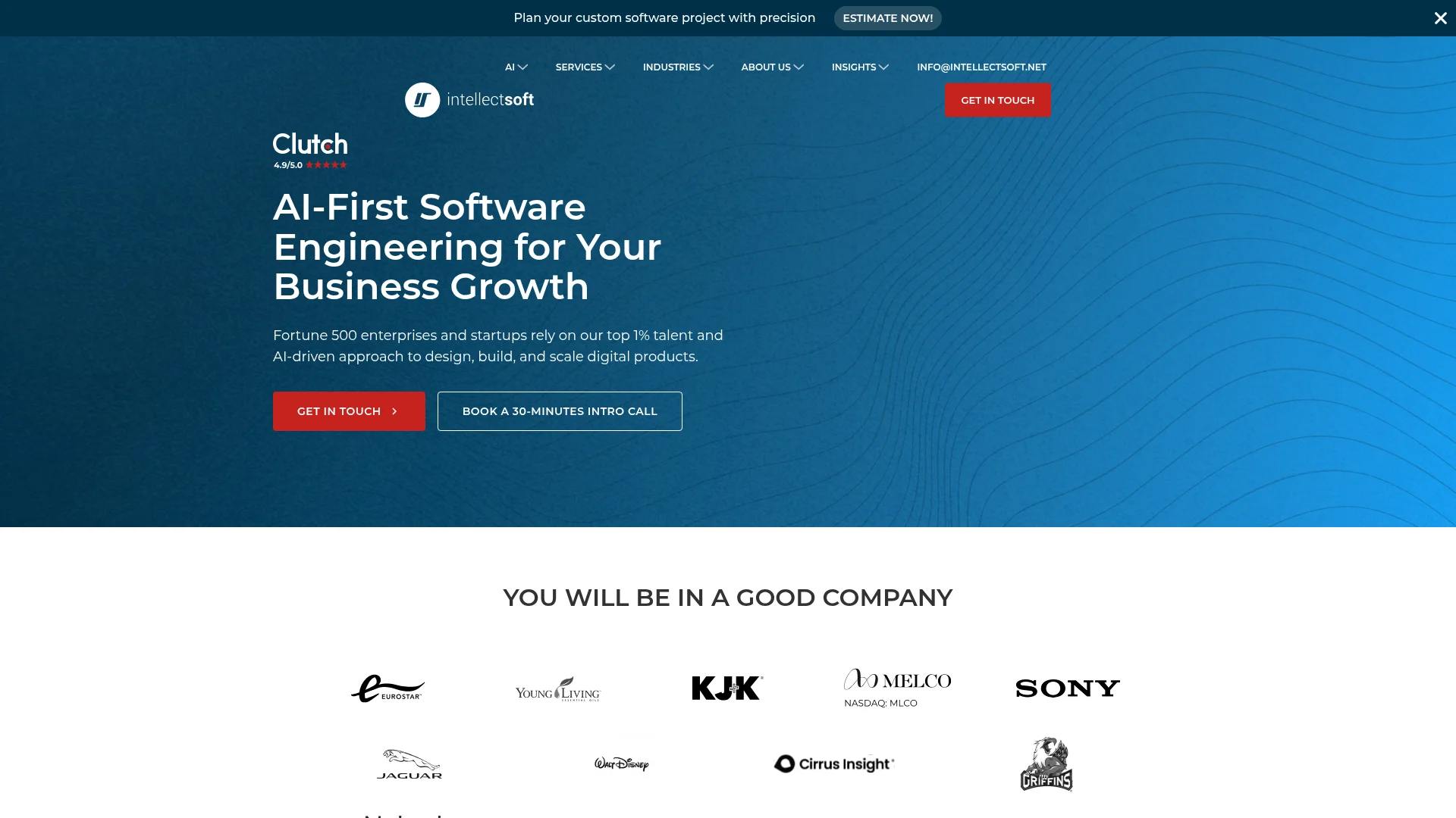Screenshot of the Intellectsoft homepage: AI-first software engineering for business growth