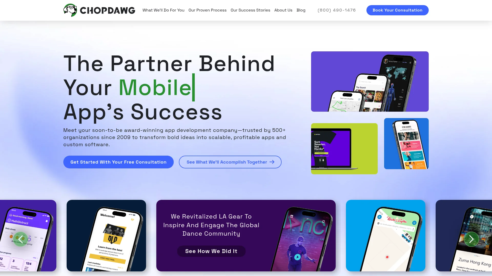 Screenshot of the Chop Dawg homepage: the partner behind your mobile app's success