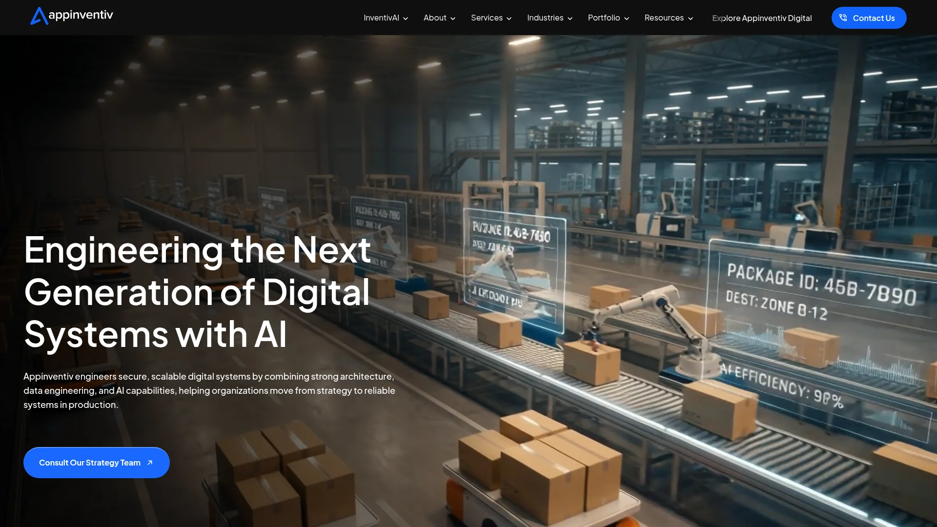 Screenshot of the Appinventiv homepage: engineering digital systems with AI
