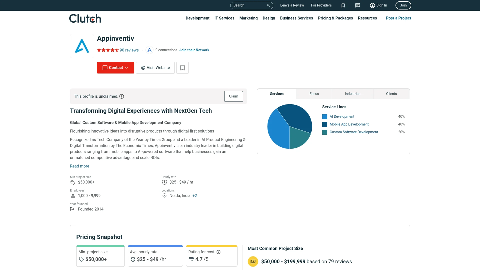 Screenshot of the Appinventiv profile on Clutch with a service lines chart