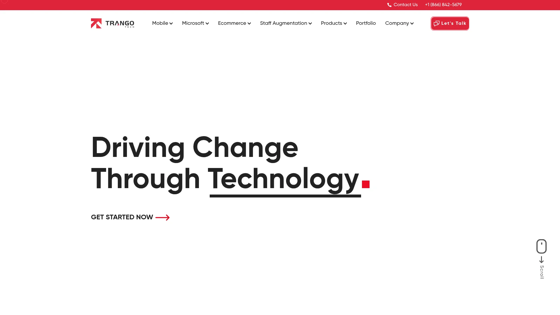 Screenshot of the Trango Tech homepage: driving change through technology