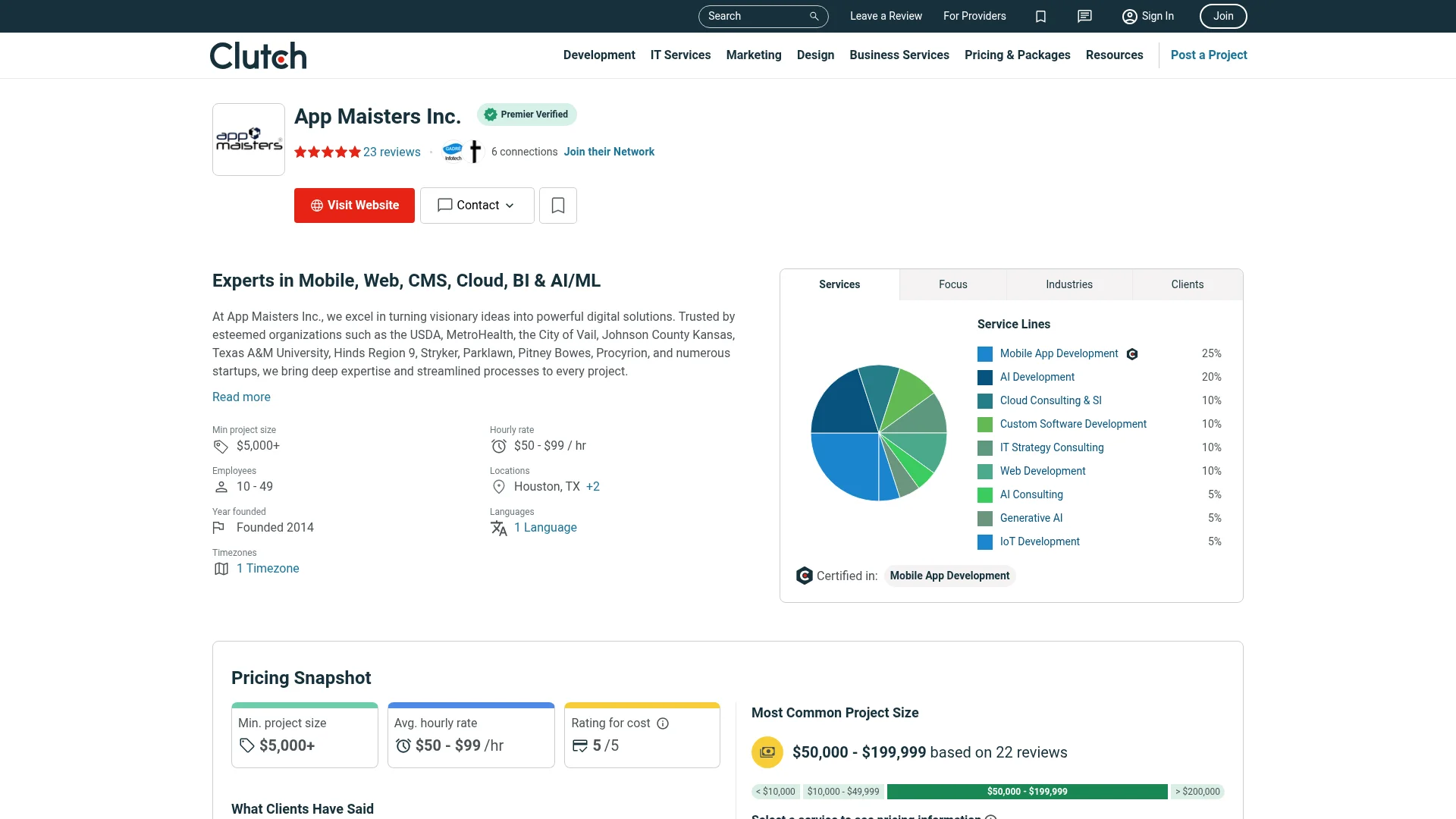 Screenshot of the App Maisters profile on Clutch with a service lines chart