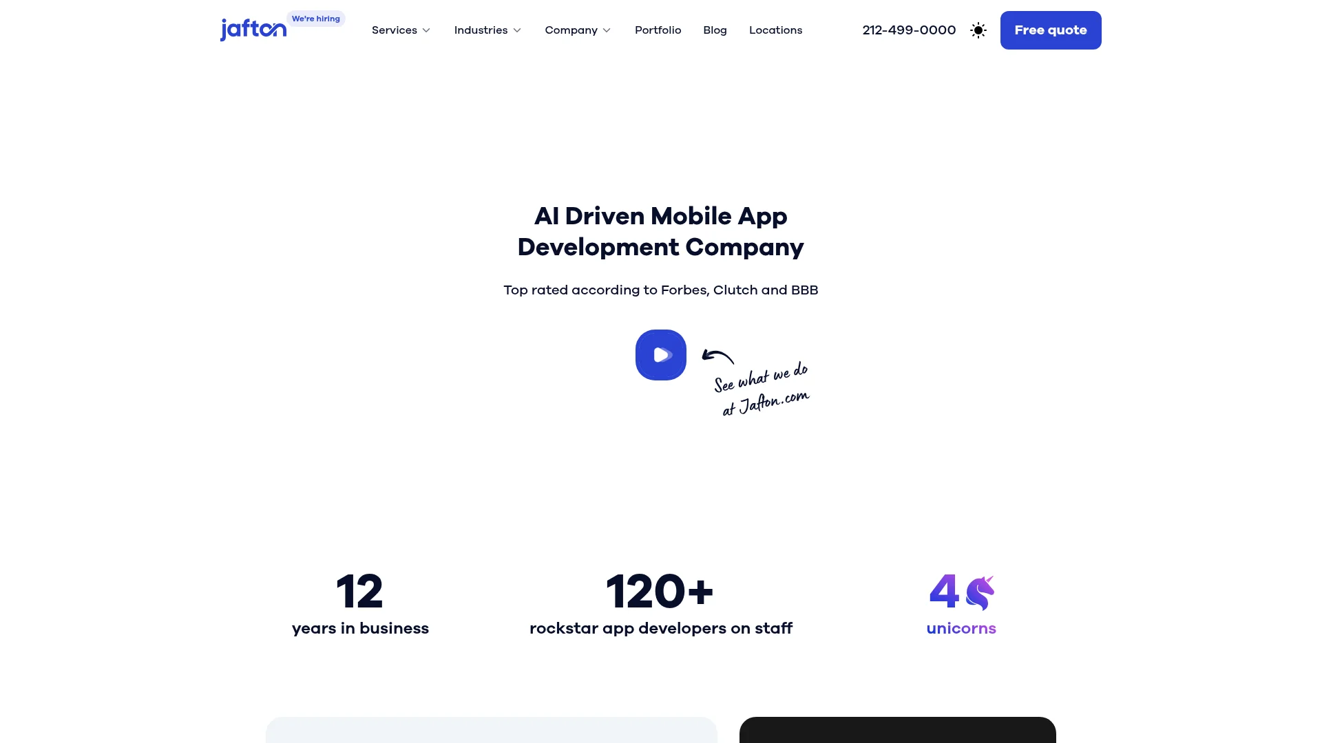 Screenshot of the Jafton homepage: AI driven mobile app development company