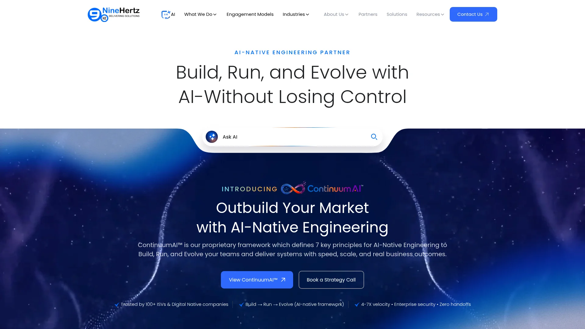 Screenshot of The NineHertz homepage: build, run and evolve with AI